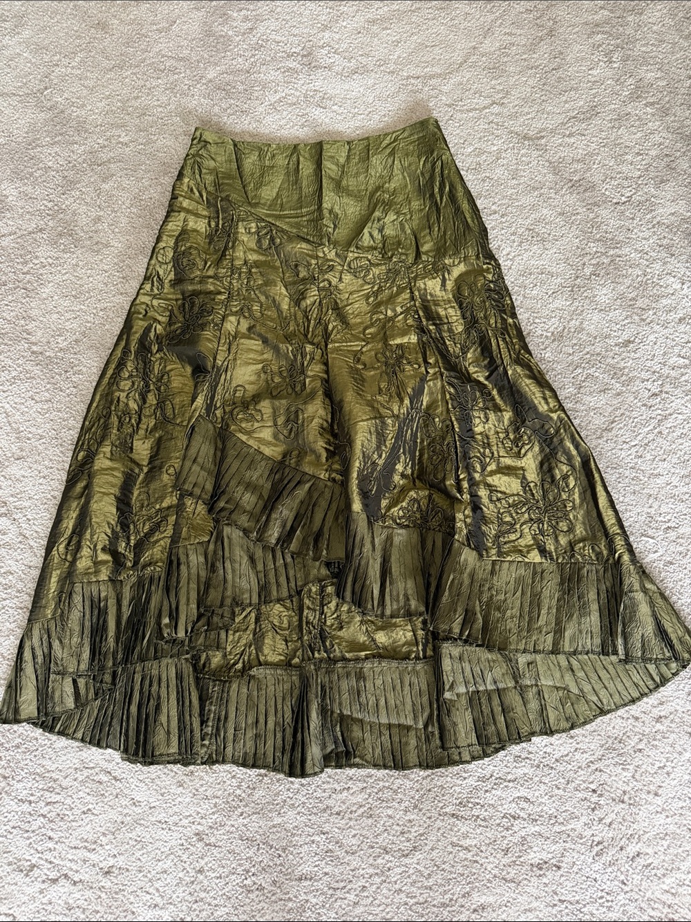 LG Olive Green Tiered Embroidered Maxi Skirt with Pleated hi low Hem